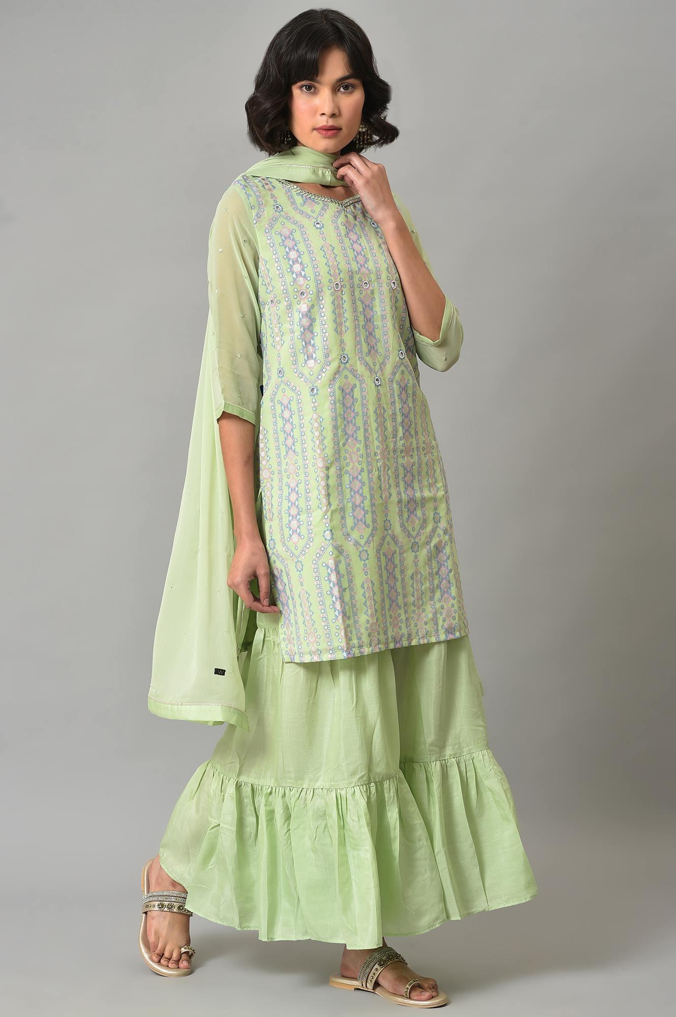 Green Printed kurta, Sharara And Dupatta Set - wforwoman
