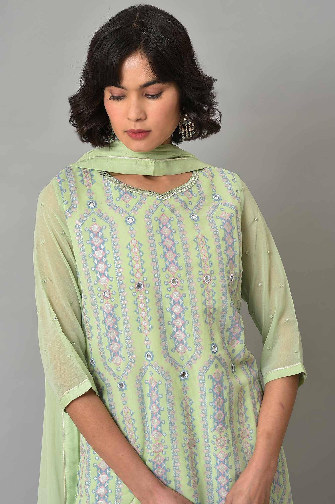 Green Printed kurta, Sharara And Dupatta Set - wforwoman
