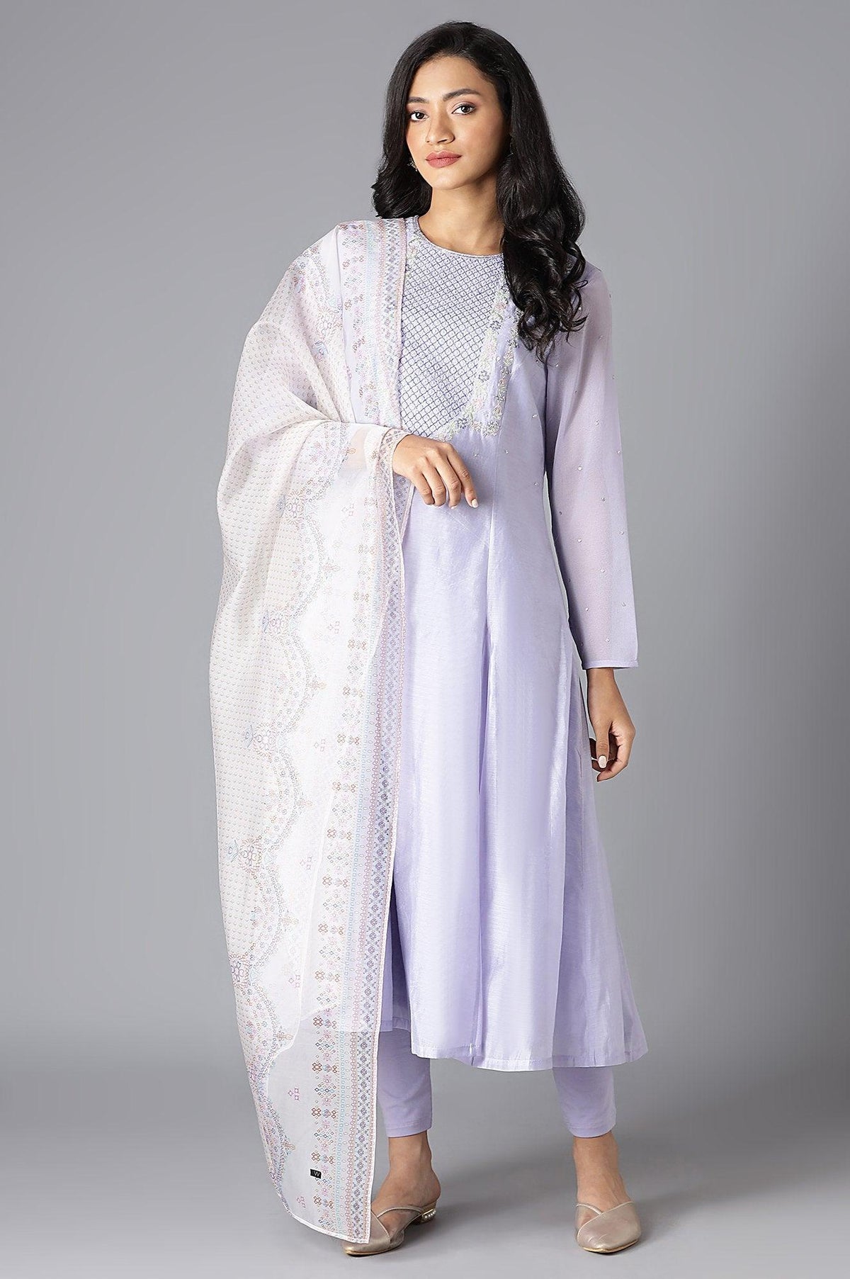 Purple A-Line kurta, Tights And Dupatta Set - 6