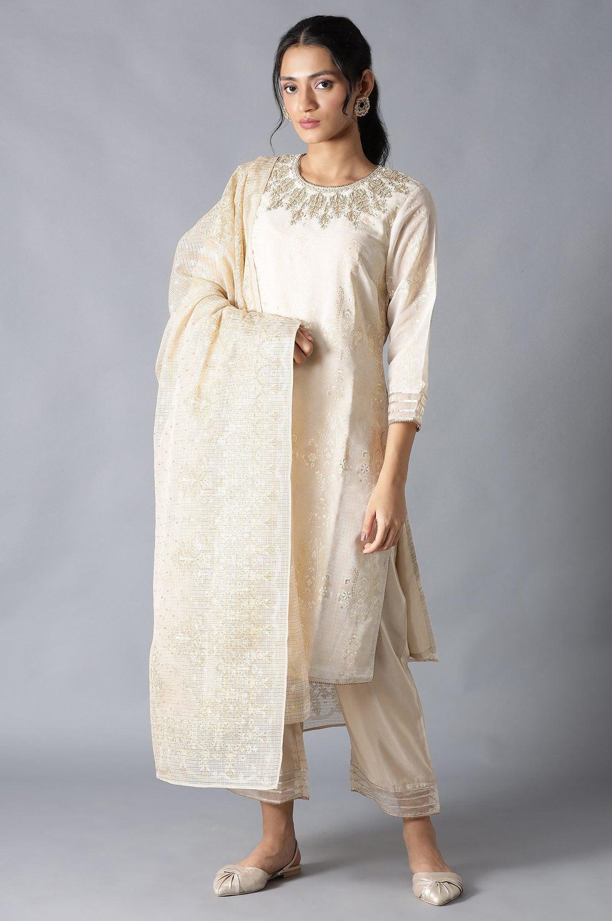 Ecru And Beige Heavy Festive kurta With Parallel Pants And Dupatta - 6