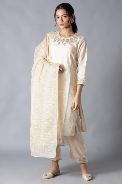 Ecru And Beige Heavy Festive kurta With Parallel Pants And Dupatta - wforwoman