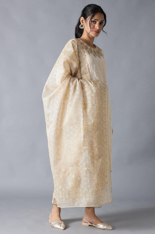 Ecru And Beige Heavy Festive kurta With Parallel Pants And Dupatta