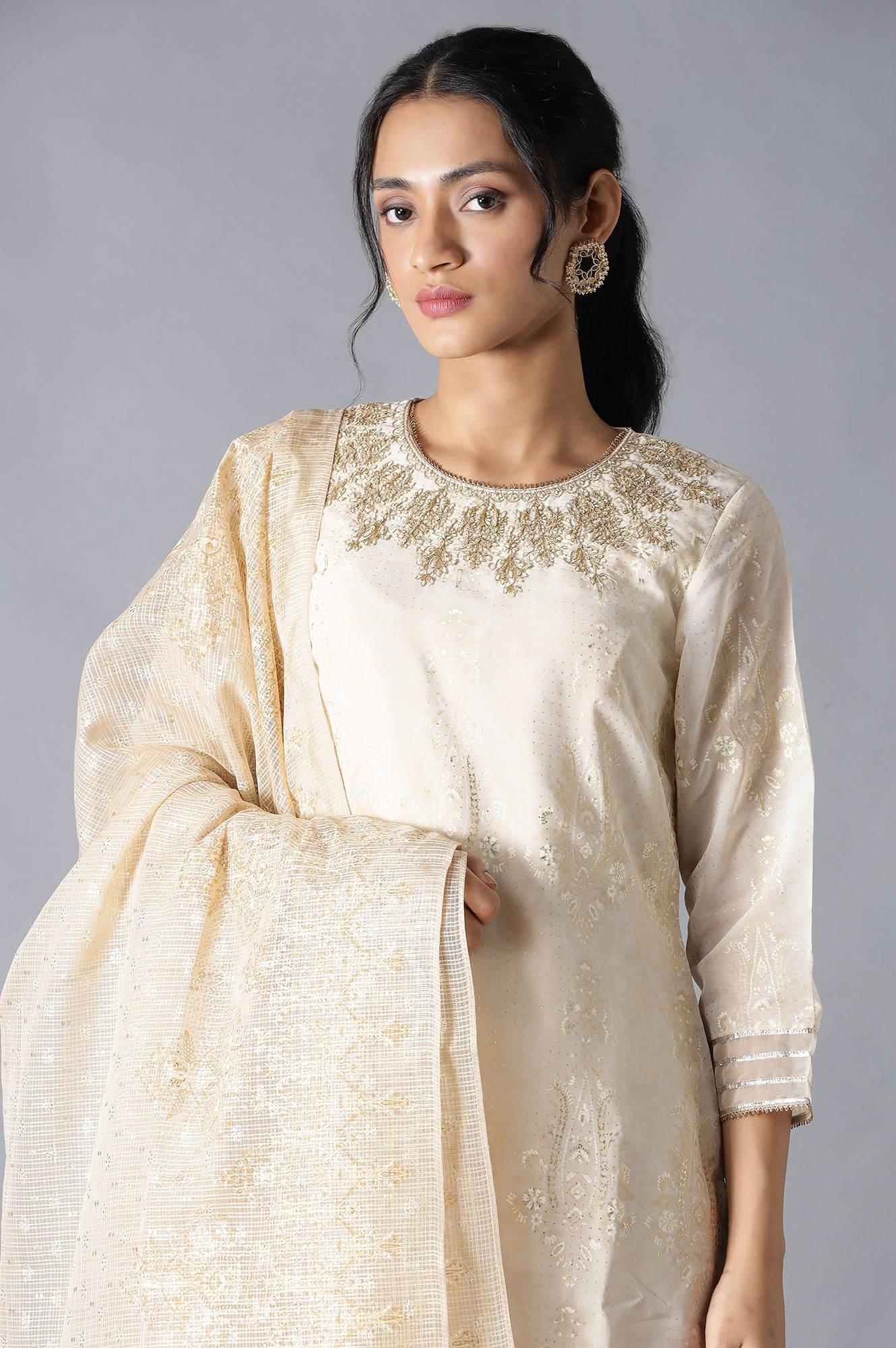 Ecru And Beige Heavy Festive kurta With Parallel Pants And Dupatta - wforwoman