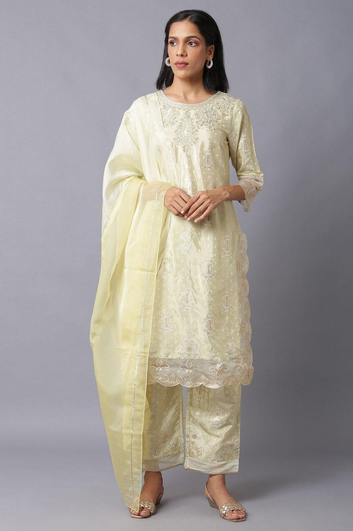 Lime Green Embroidered kurta With Parallel Pants And Dupatta - 6