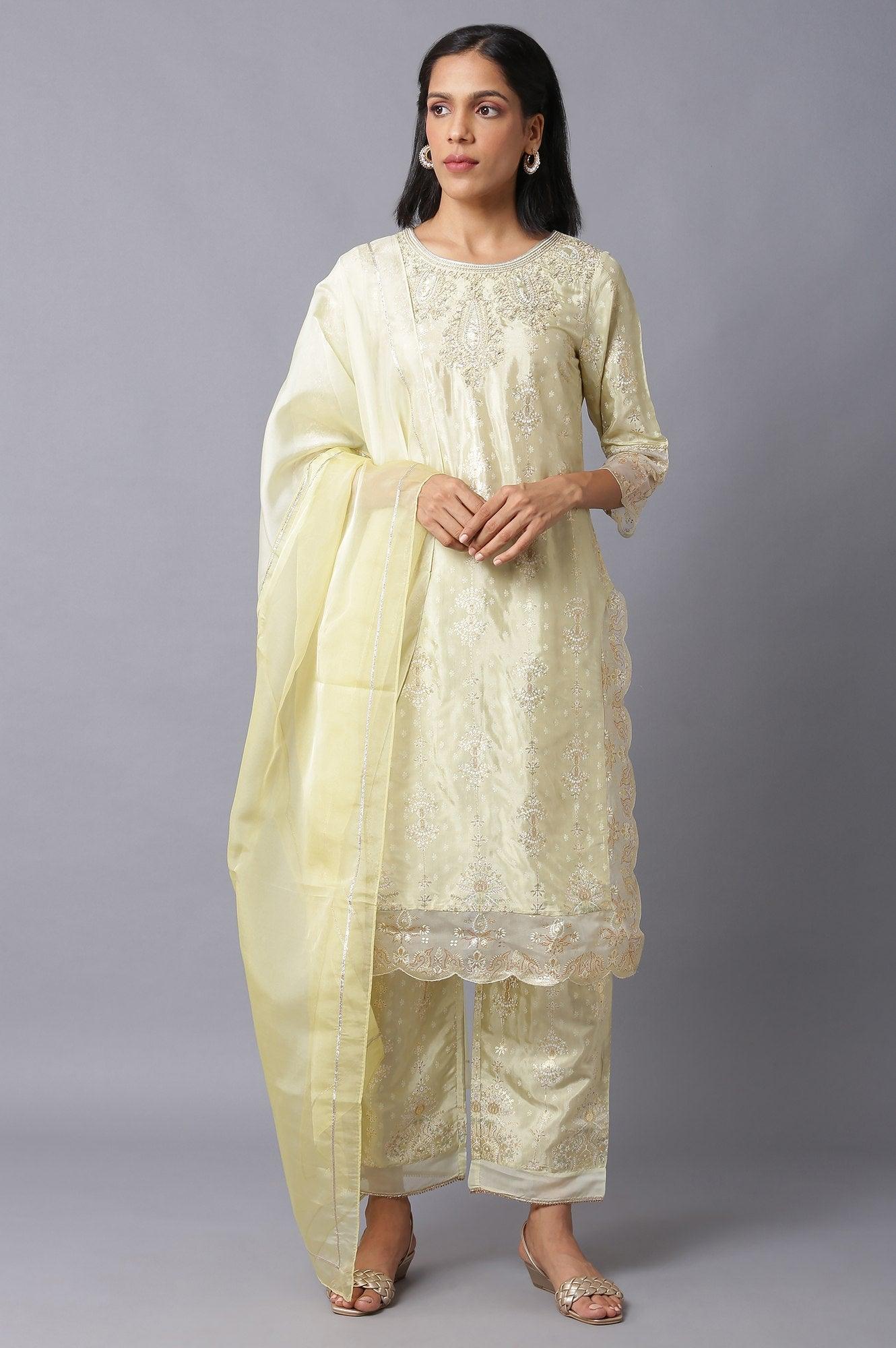 Lime Green Embroidered kurta With Parallel Pants And Dupatta - wforwoman