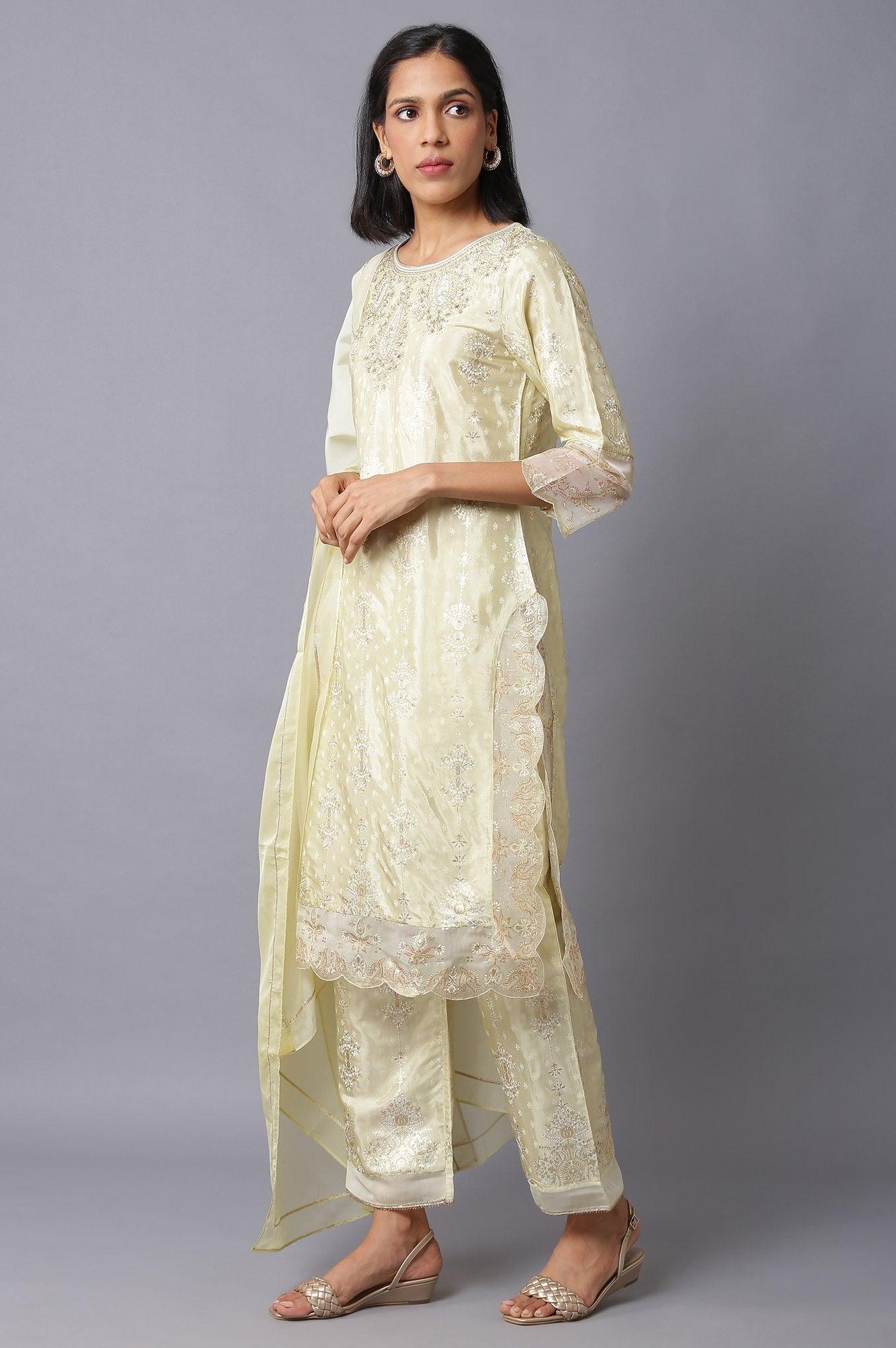 Lime Green Embroidered kurta With Parallel Pants And Dupatta - wforwoman