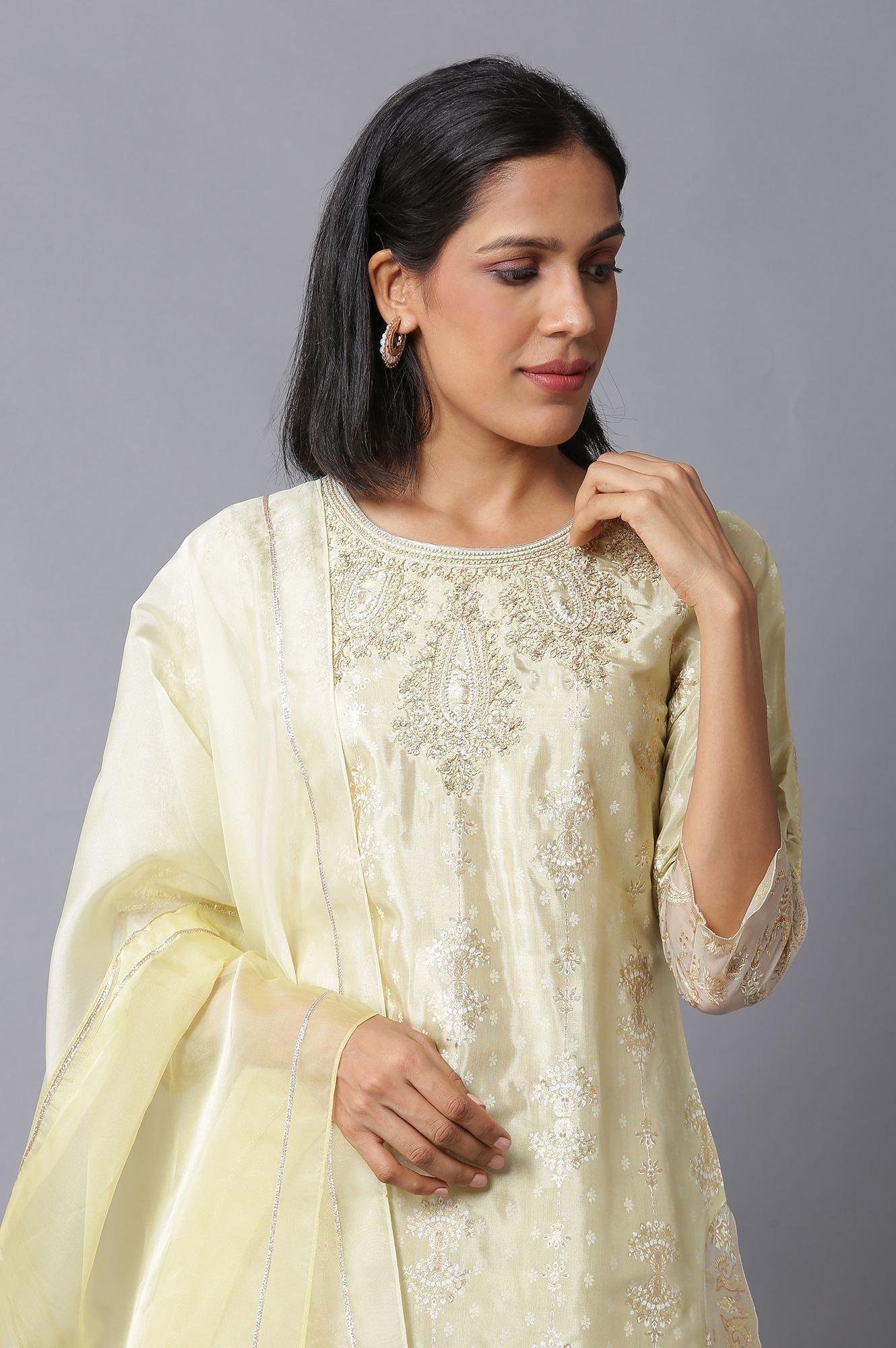 Lime Green Embroidered kurta With Parallel Pants And Dupatta - wforwoman