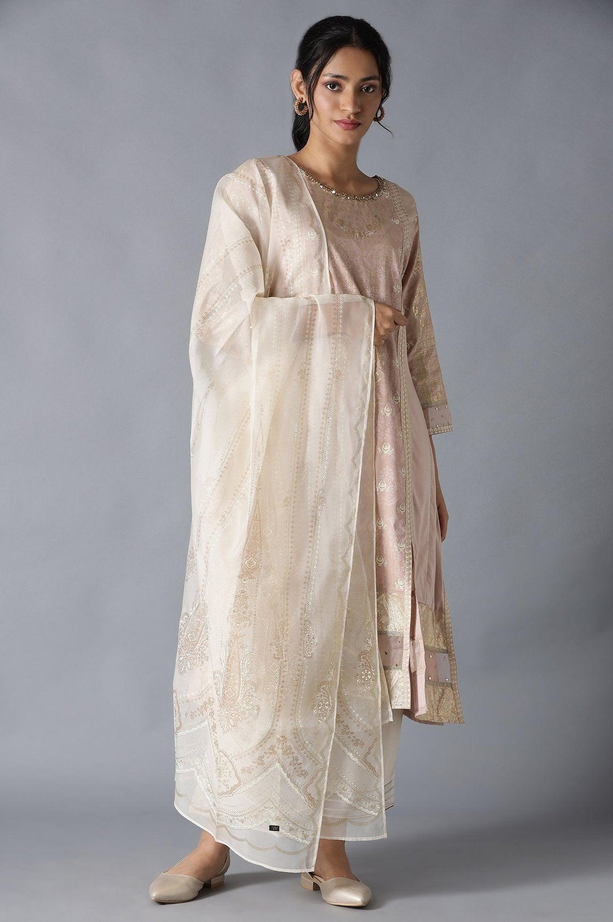 Pink A-Line Round Neck kurta With Parallel Pants And Organza Dupatta - 6