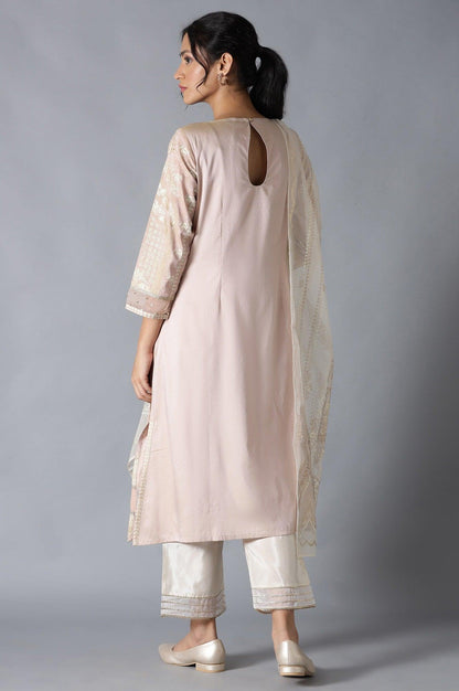 Pink A-Line Round Neck kurta With Parallel Pants And Organza Dupatta - wforwoman