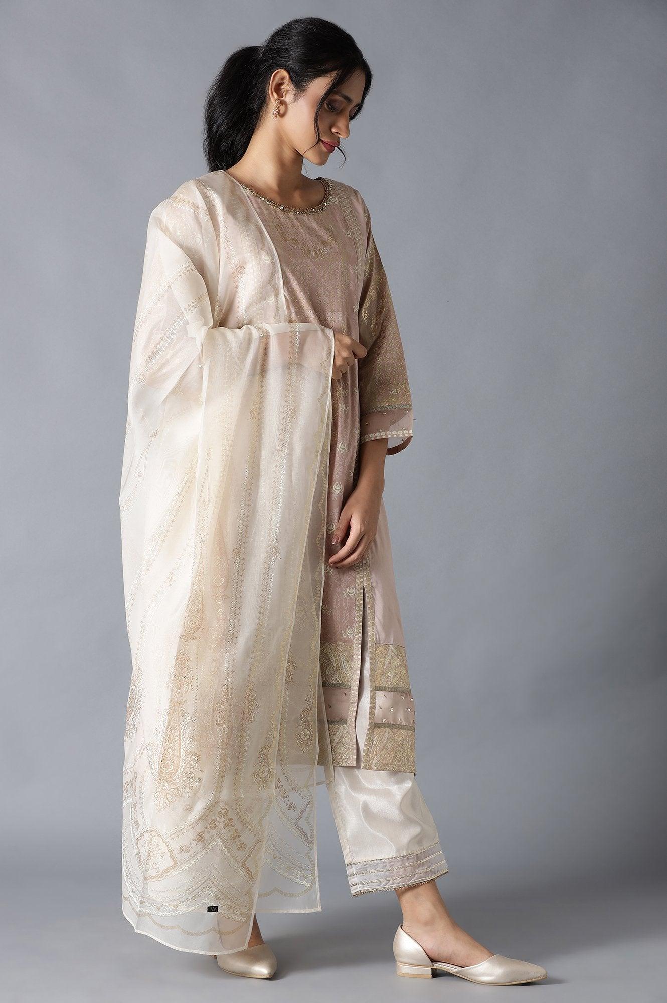 Pink A-Line Round Neck kurta With Parallel Pants And Organza Dupatta - wforwoman