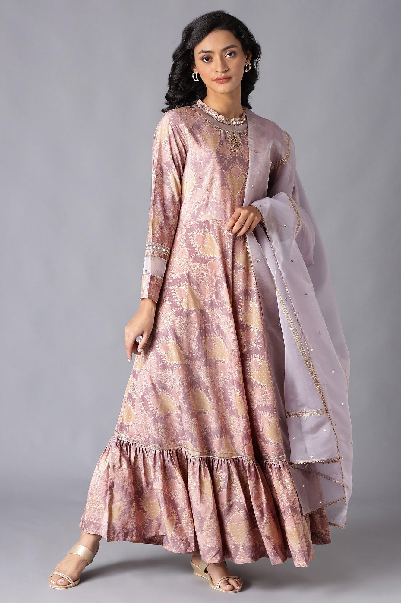 Pink Tiered Round Neck Dress With Organza Dupatta - wforwoman