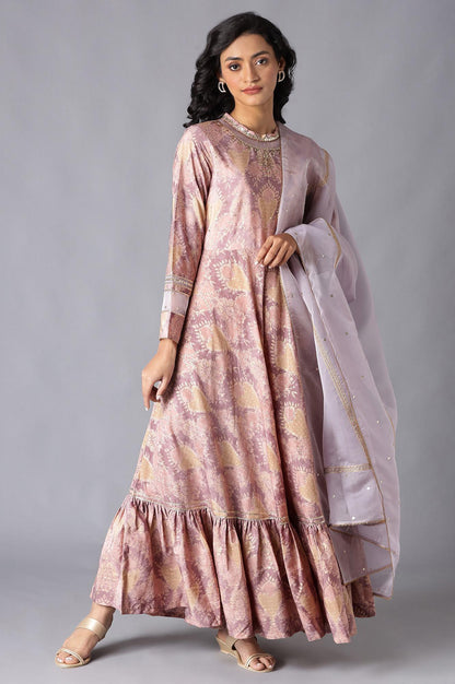 Pink Tiered Round Neck Dress With Organza Dupatta - wforwoman