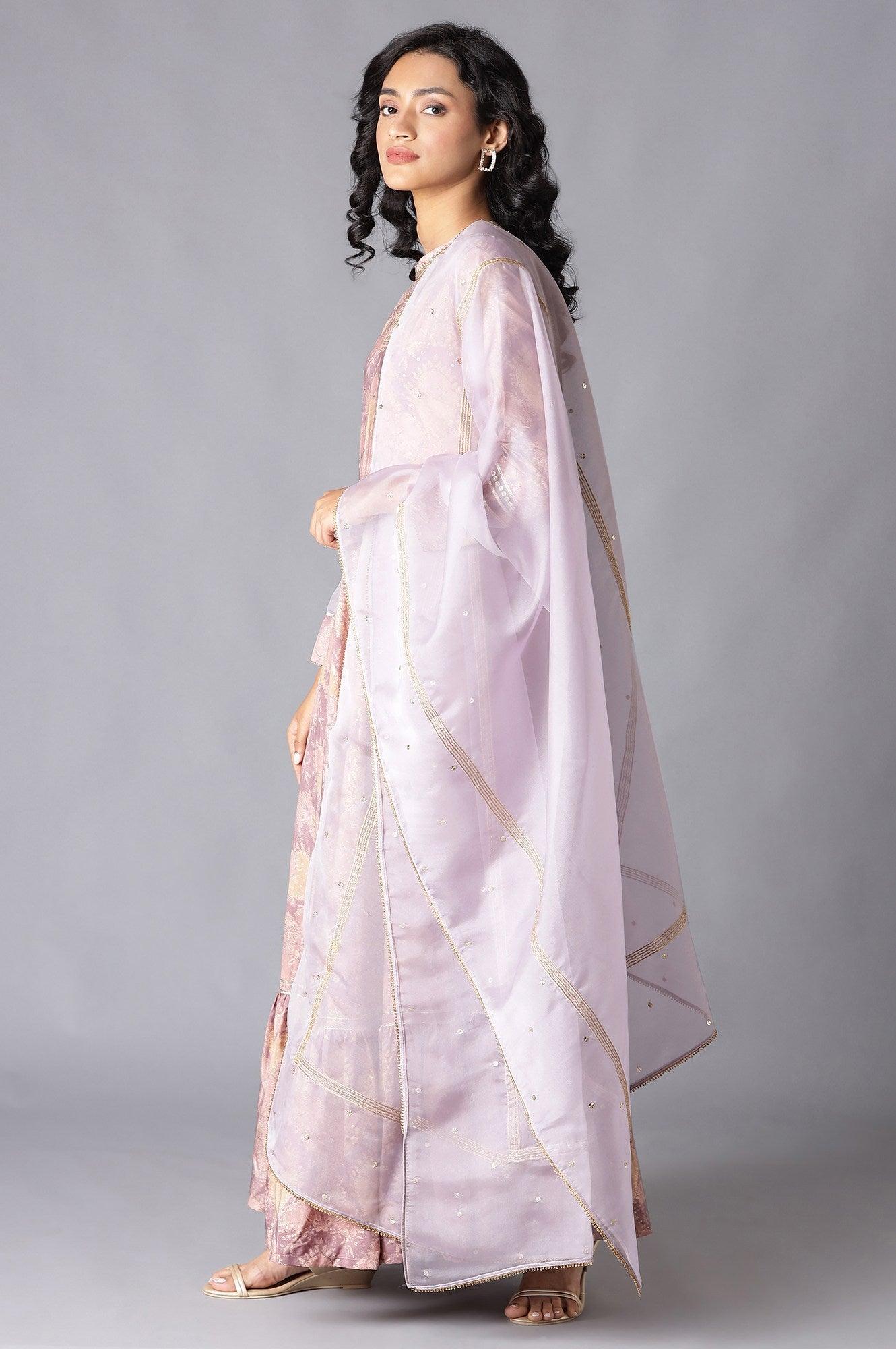 Pink Tiered Round Neck Dress With Organza Dupatta - wforwoman