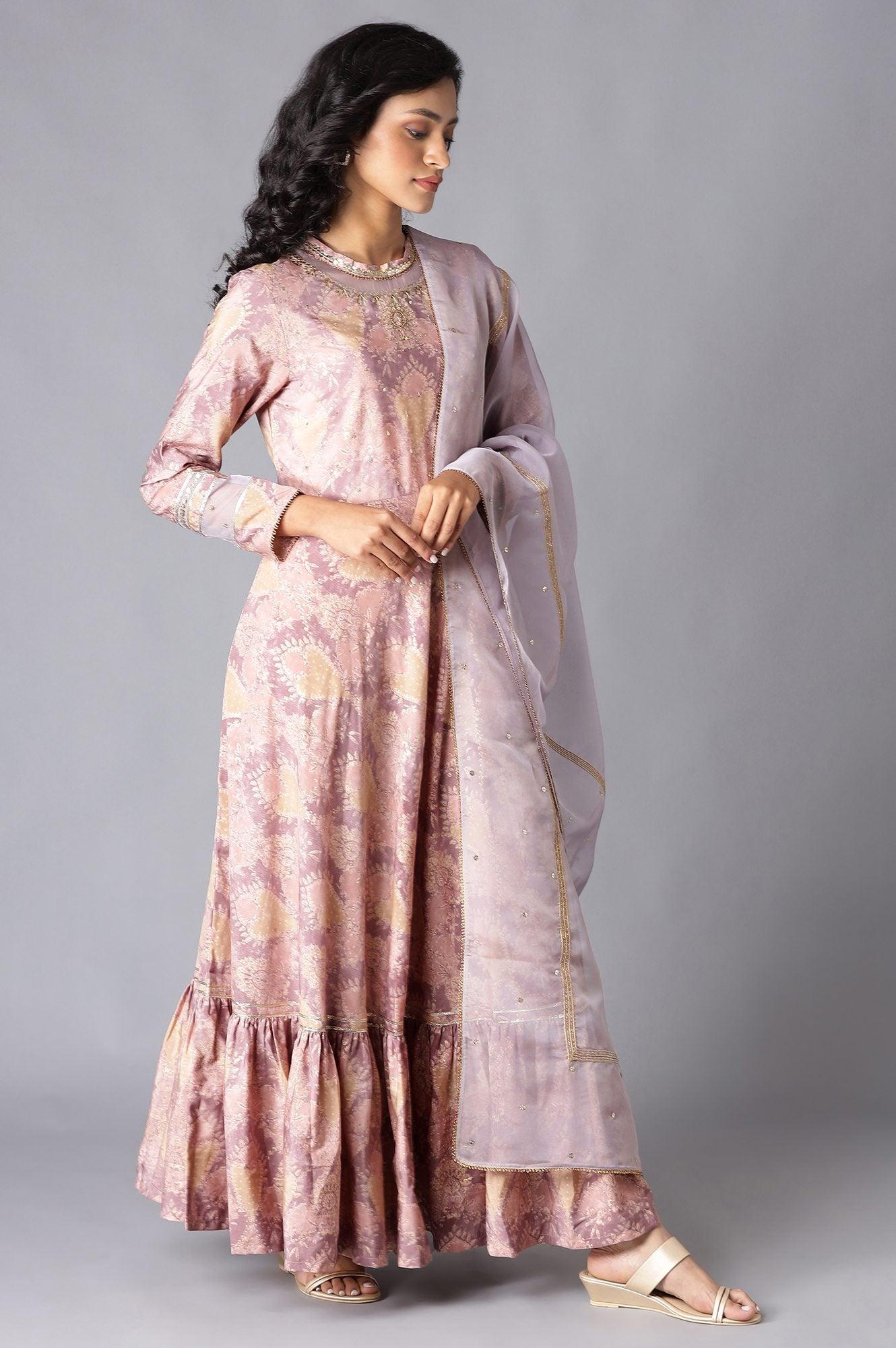 Pink Tiered Round Neck Dress With Organza Dupatta - wforwoman