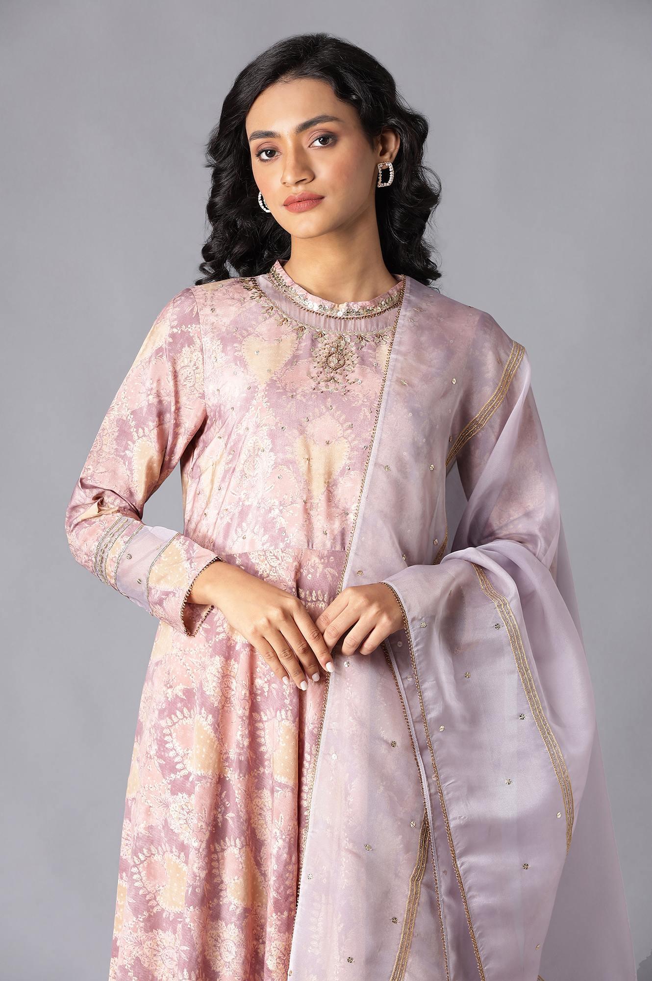 Pink Tiered Round Neck Dress With Organza Dupatta - wforwoman