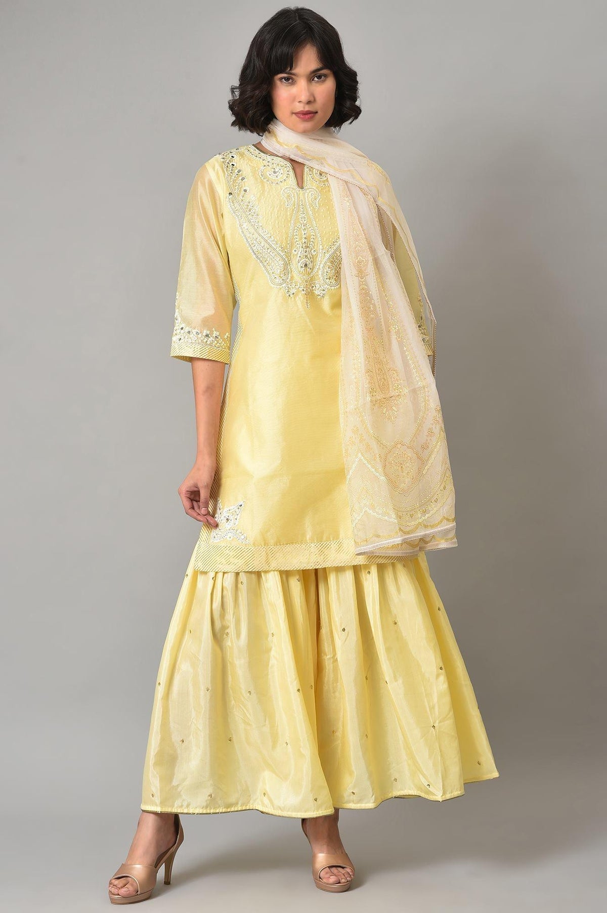 Light Yellow Short kurta With Sharara And Dupatta - XS