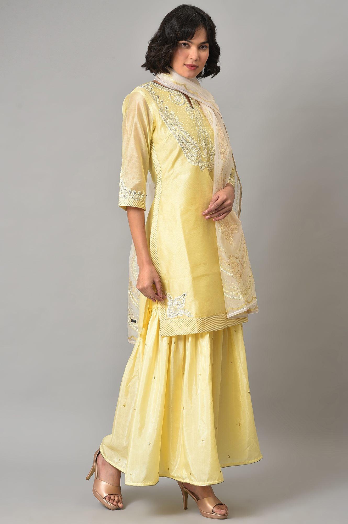 Light Yellow Short kurta With Sharara And Dupatta - wforwoman