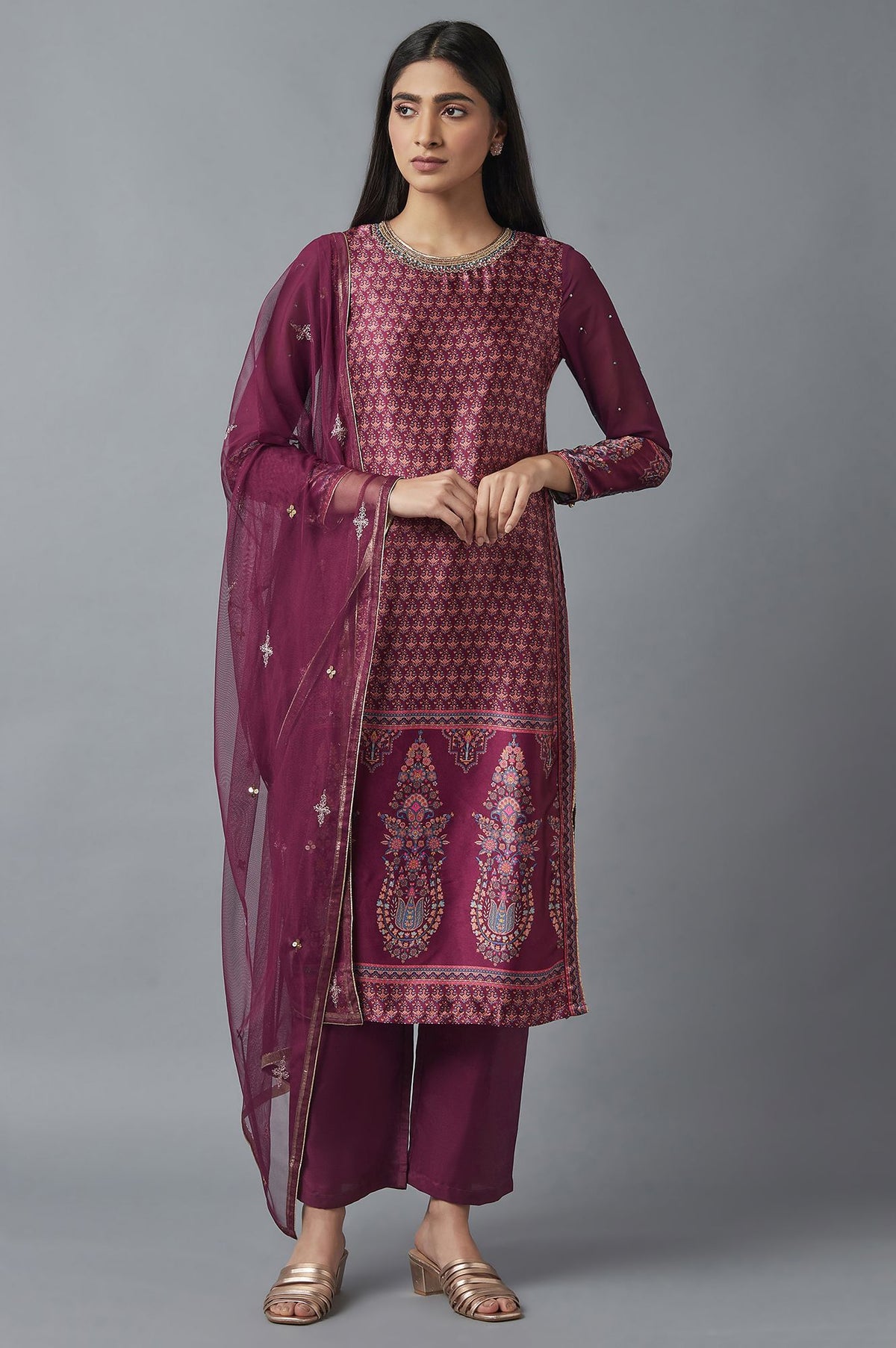 Purple Printed kurta, Parallel Pants and Dupatta Set - 6