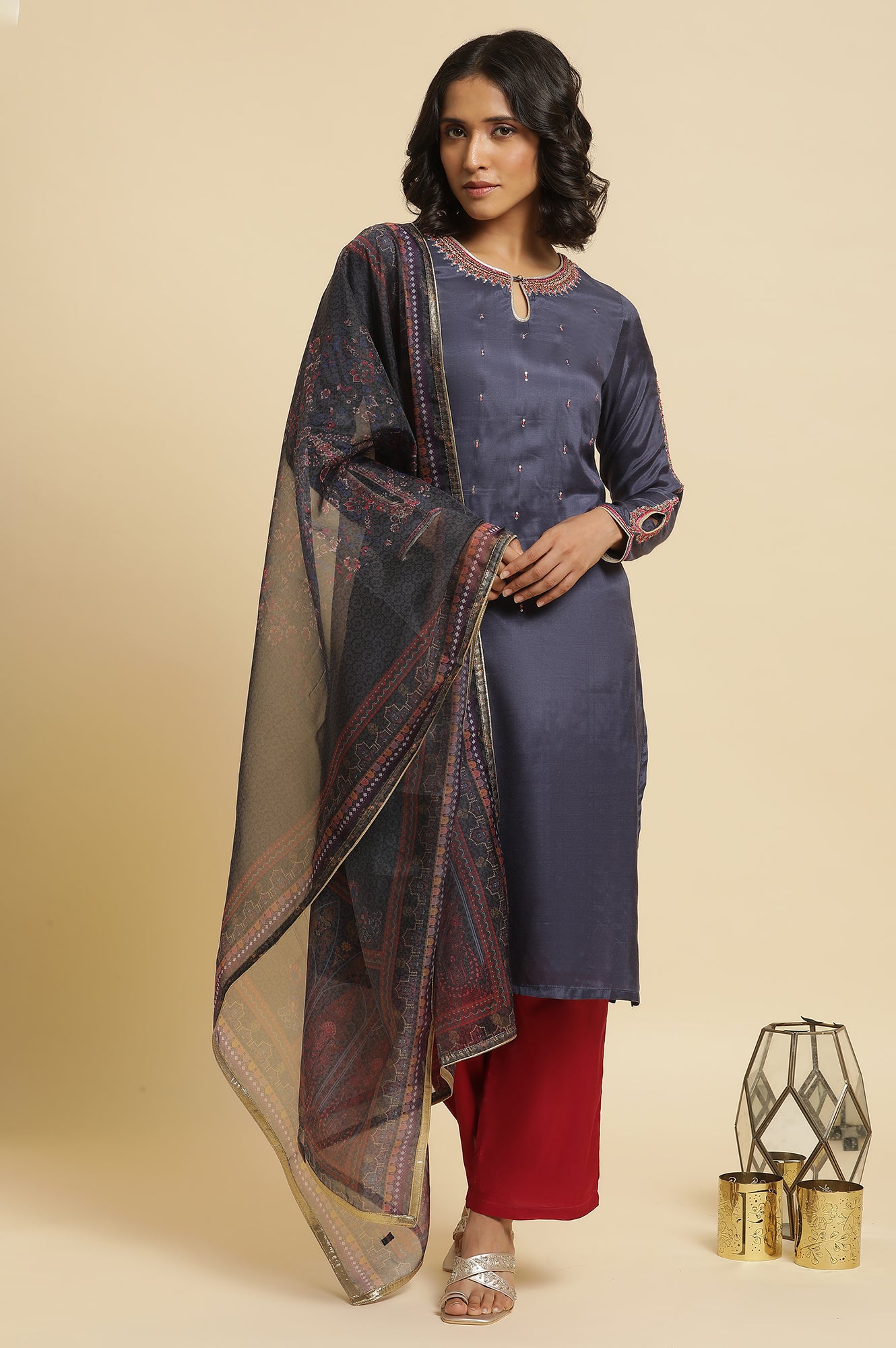 Blue Embroidered Kurta, Straight Pants &amp; Dupatta Set
