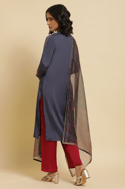 Blue Embroidered Kurta, Straight Pants &amp; Dupatta Set