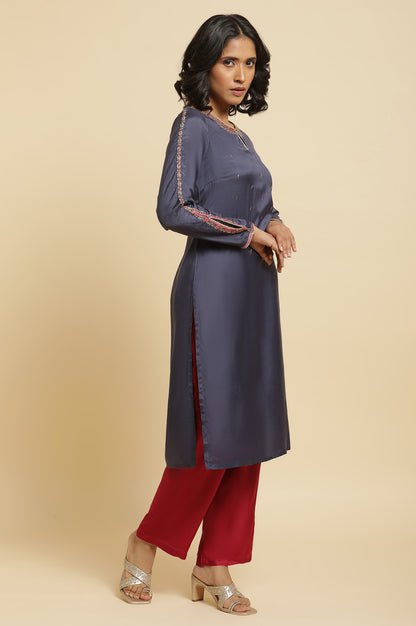 Blue Embroidered Kurta, Straight Pants &amp; Dupatta Set