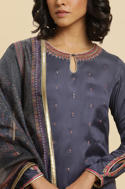 Blue Embroidered Kurta, Straight Pants &amp; Dupatta Set
