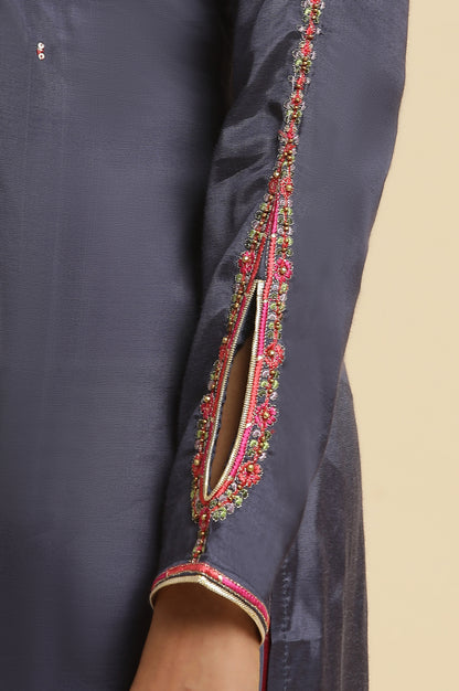 Blue Embroidered Kurta, Straight Pants &amp; Dupatta Set