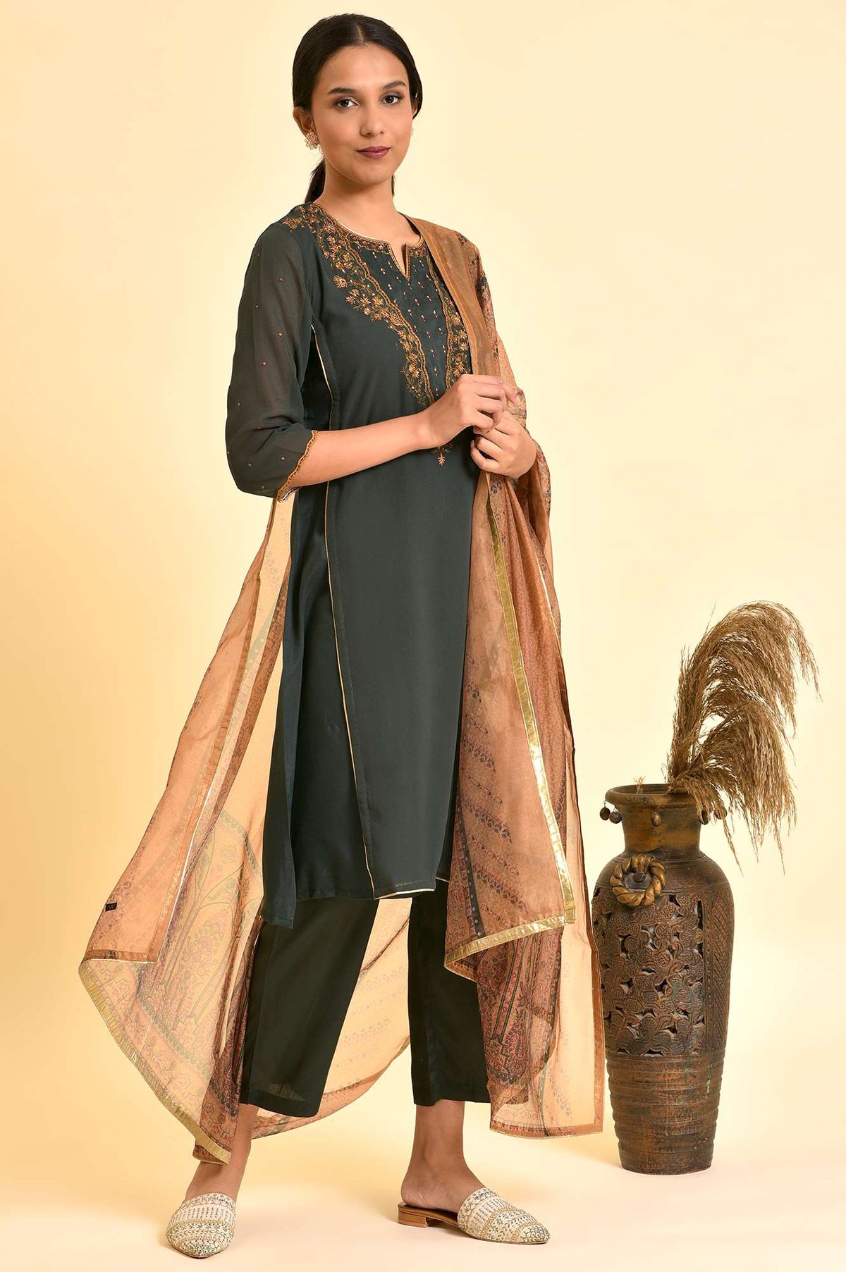 Bottle Green Mock Layer Kurta, Pants And Dupatta Set - 6