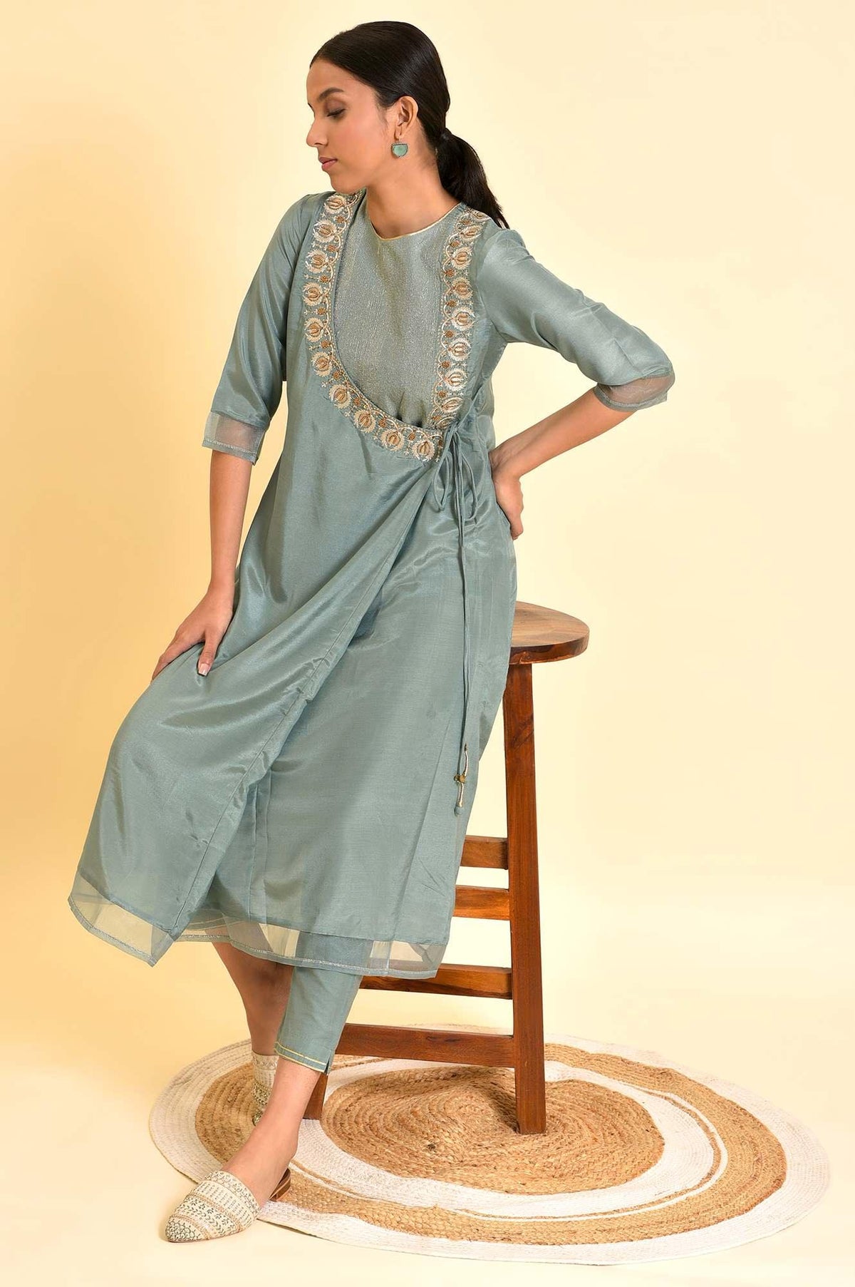 Sage Green Angrakha Kurta And Pants Set - 6