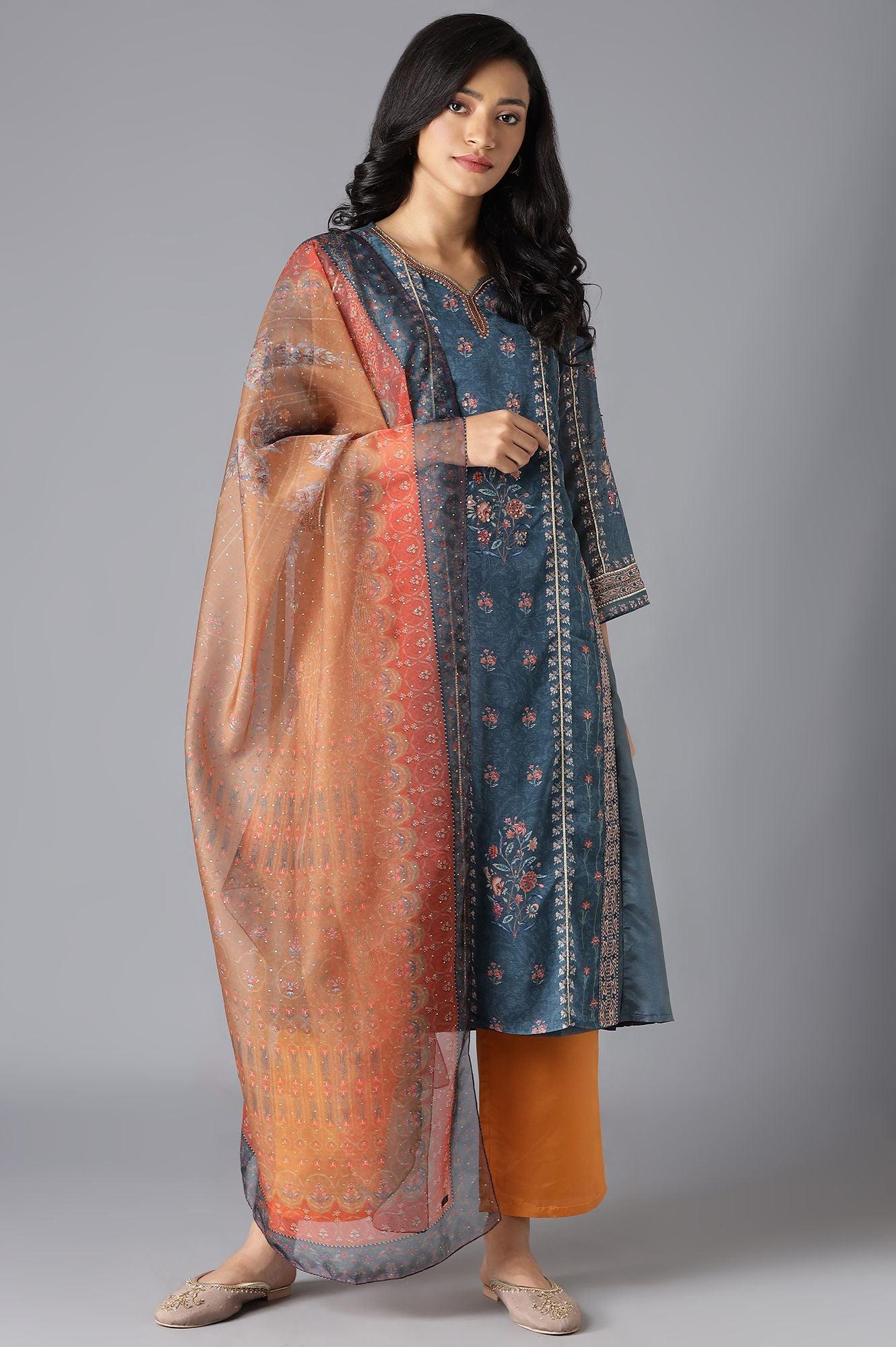 Teal Mock Layer kurta, Orange Parallel Pants And Dupatta Set - wforwoman