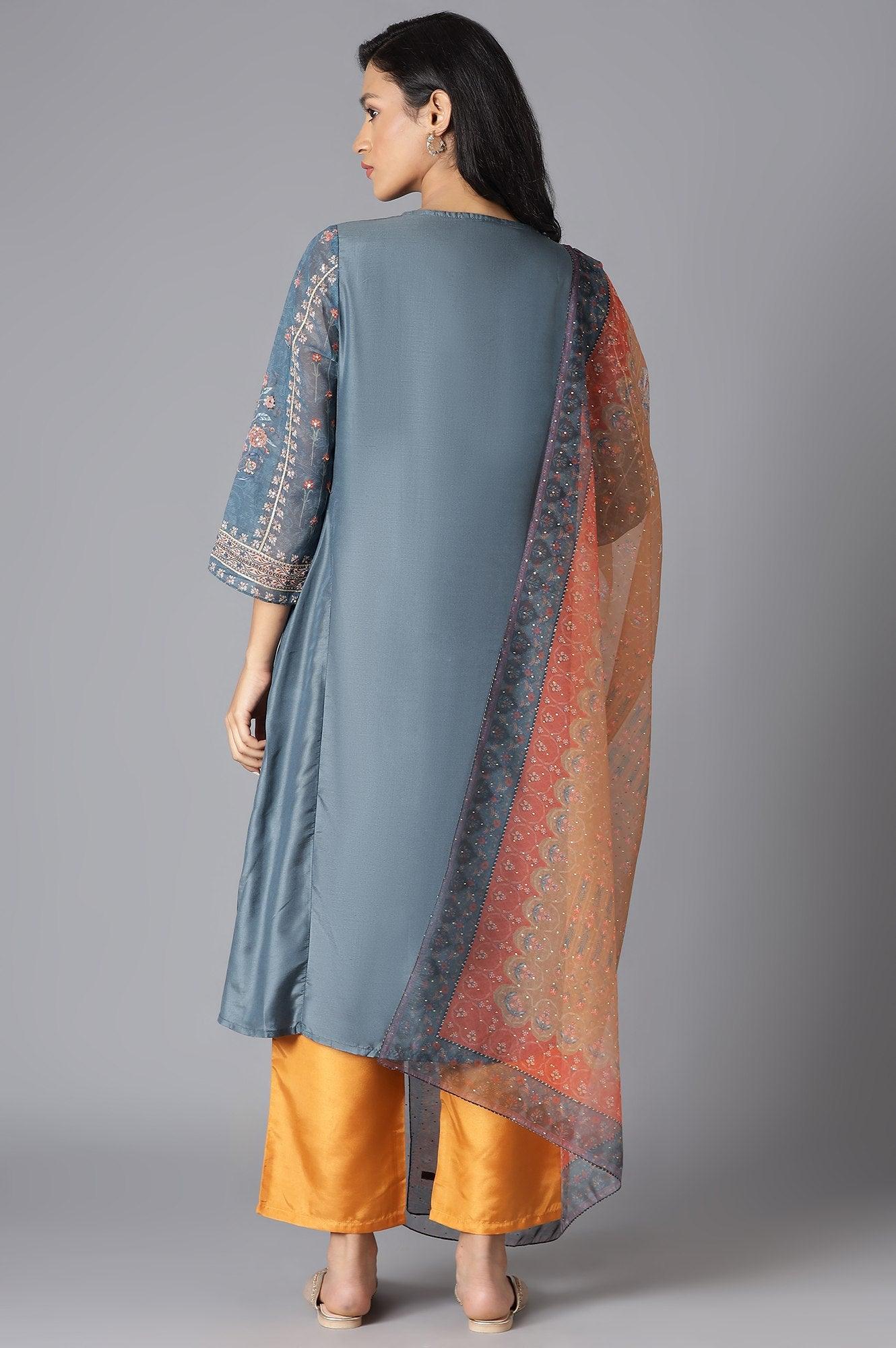 Teal Mock Layer kurta, Orange Parallel Pants And Dupatta Set - wforwoman