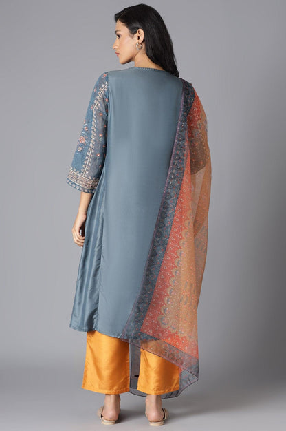 Teal Mock Layer kurta, Orange Parallel Pants And Dupatta Set - wforwoman