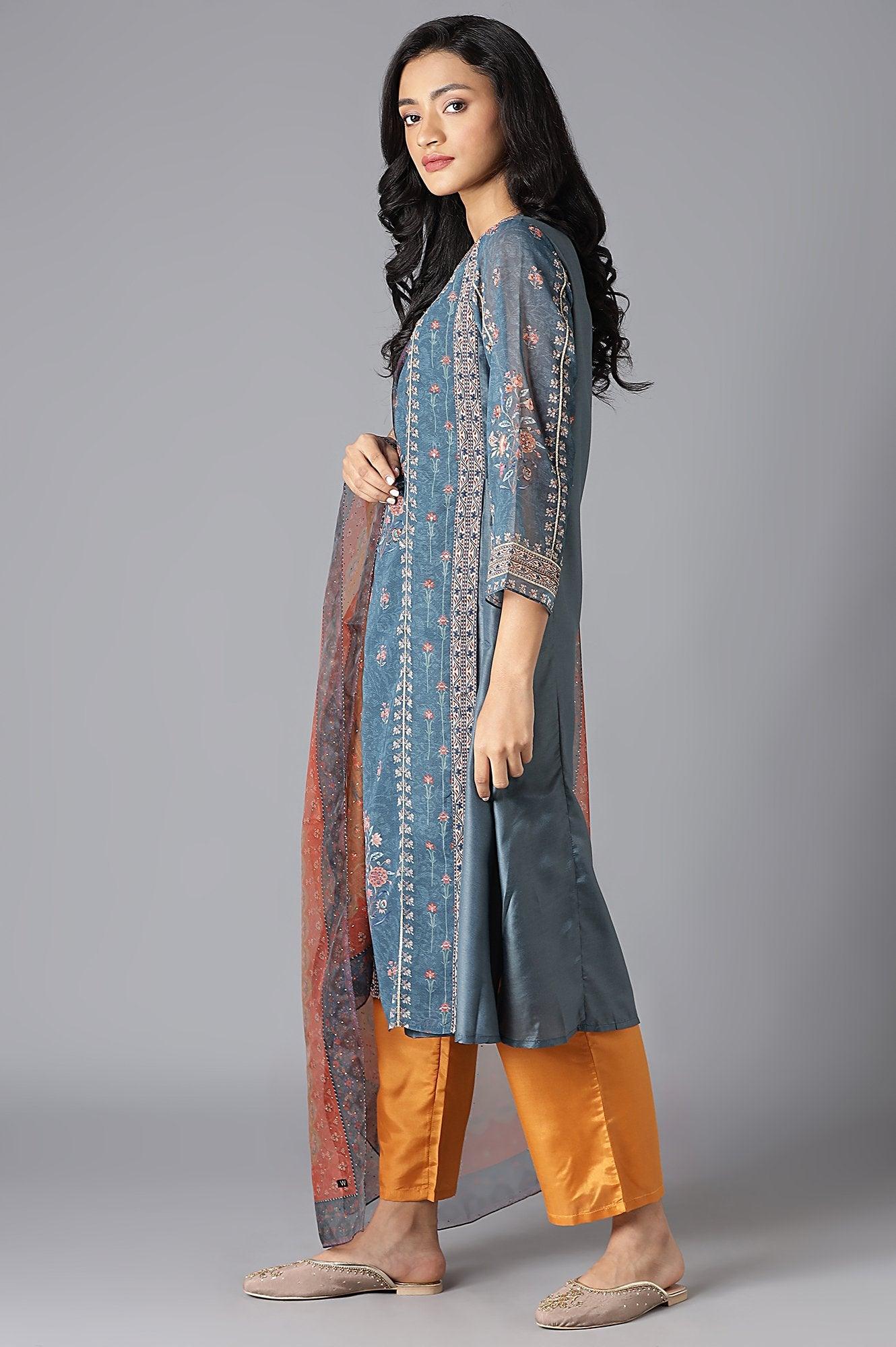 Teal Mock Layer kurta, Orange Parallel Pants And Dupatta Set - wforwoman