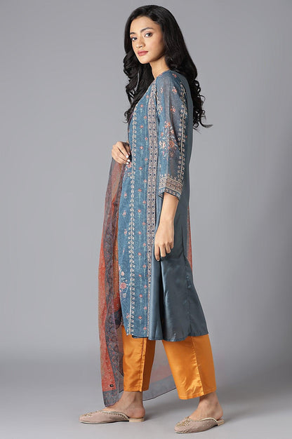 Teal Mock Layer kurta, Orange Parallel Pants And Dupatta Set - wforwoman