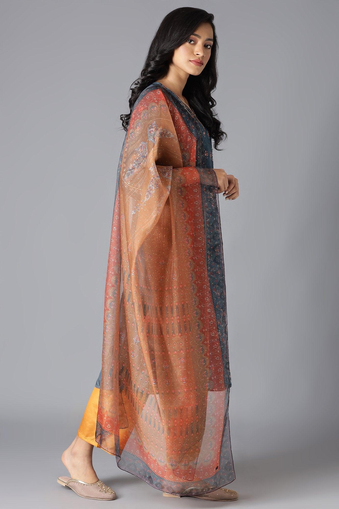 Teal Mock Layer kurta, Orange Parallel Pants And Dupatta Set - wforwoman