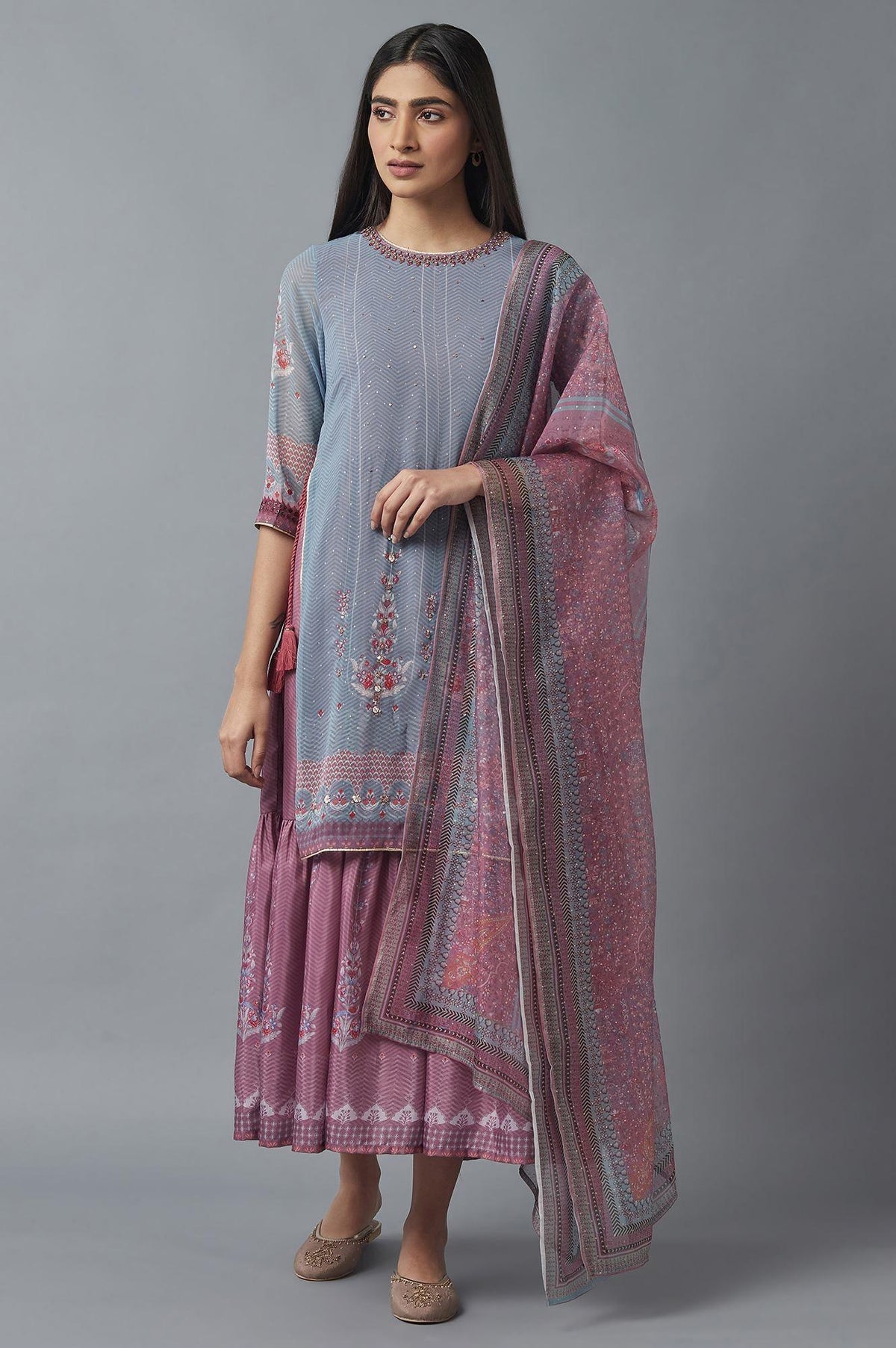 Grey Mock Layer Dress with Pink Organza Dupatta - 6