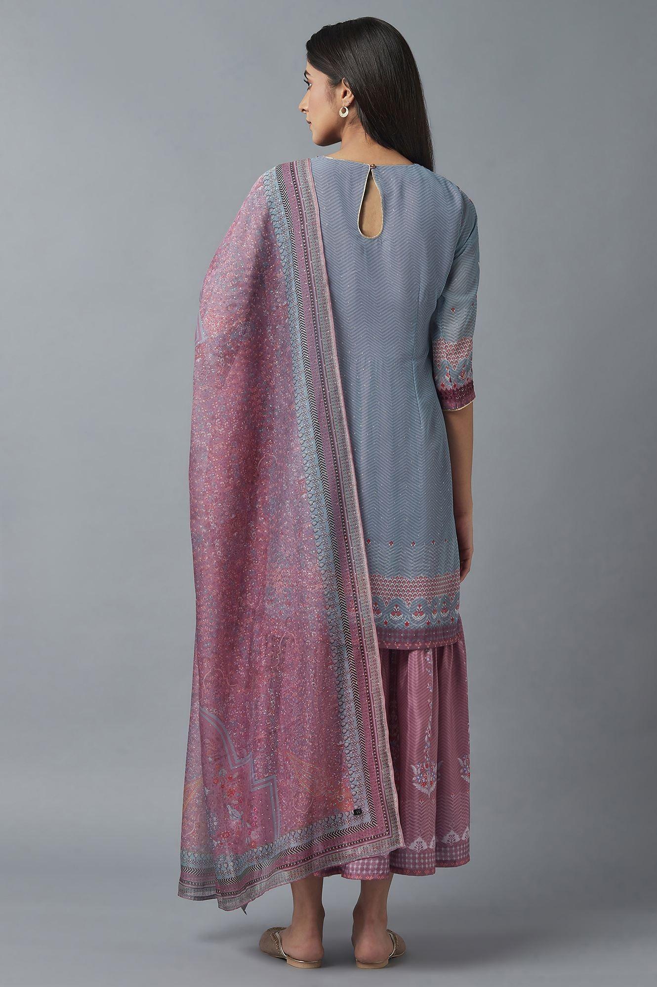 Grey Mock Layer Dress with Pink Organza Dupatta - wforwoman