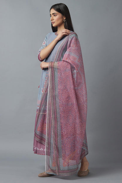 Grey Mock Layer Dress with Pink Organza Dupatta - wforwoman
