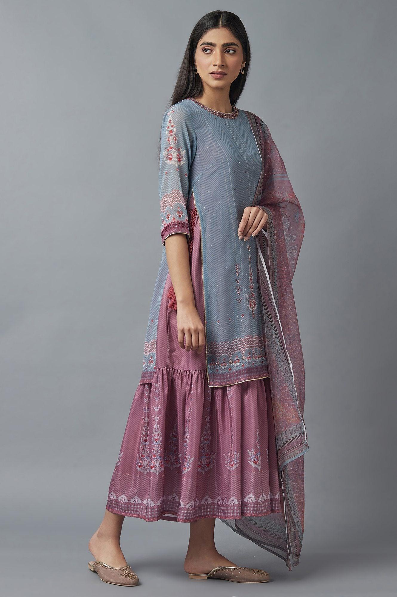 Grey Mock Layer Dress with Pink Organza Dupatta - wforwoman