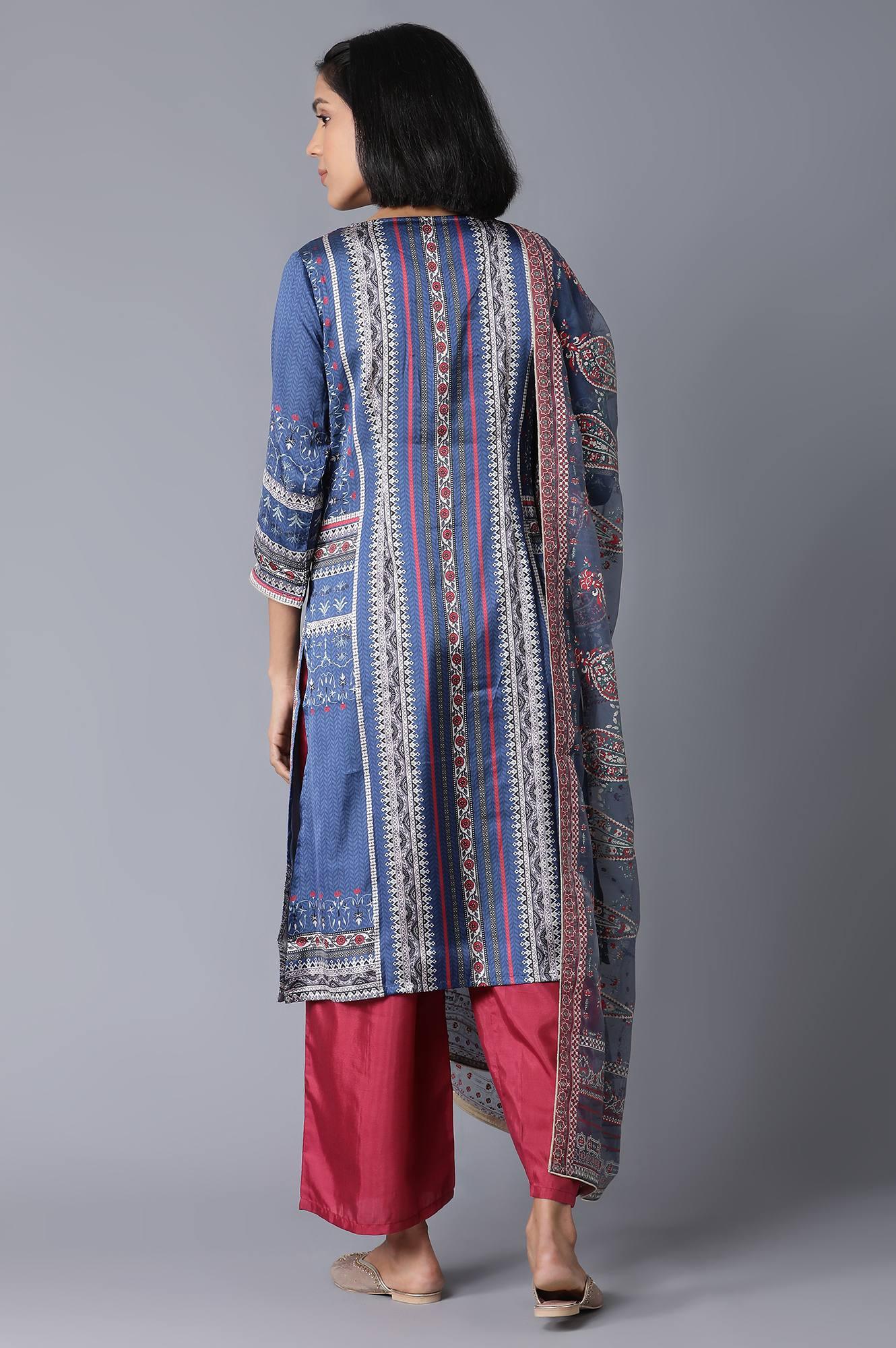 Blue Printed kurta, Parallel Pants and Dupatta Set - wforwoman