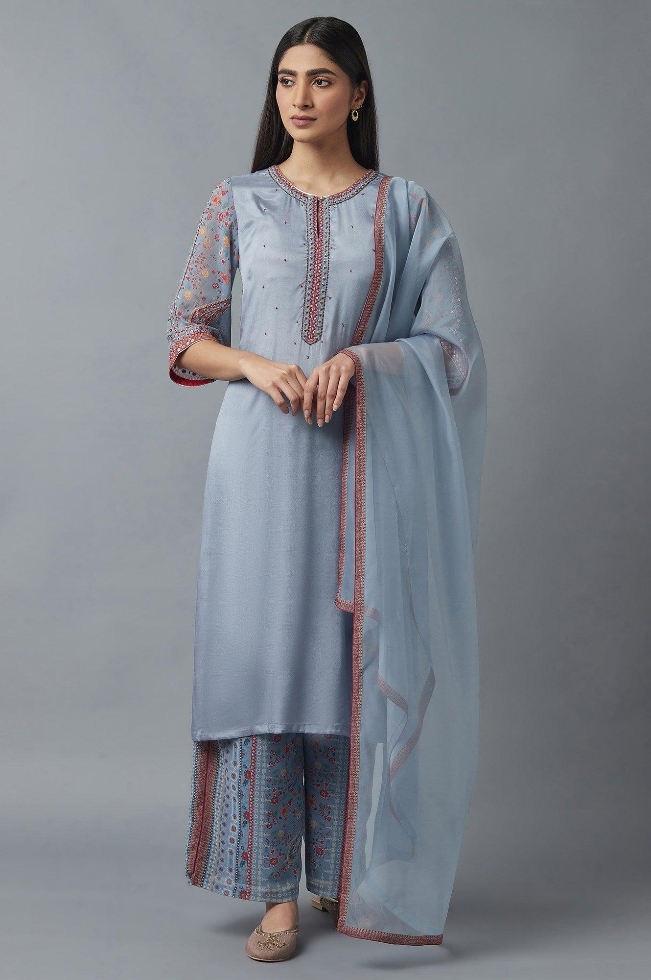 Sky Blue kurta, Parallel Pants and Dupatta Set - wforwoman