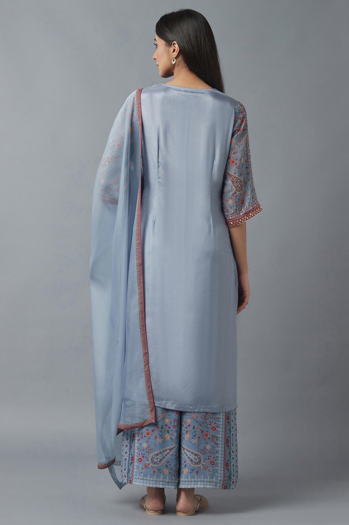 Sky Blue kurta, Parallel Pants and Dupatta Set - wforwoman