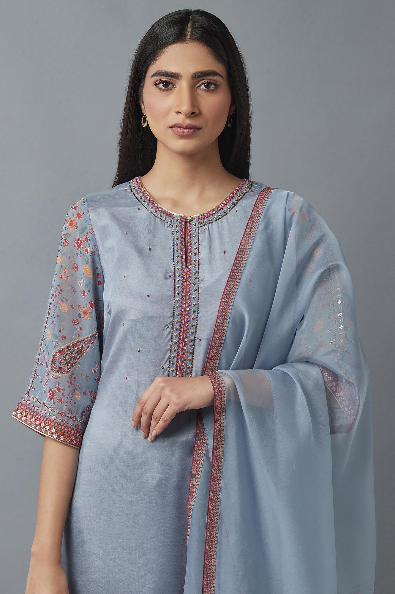 Sky Blue kurta, Parallel Pants and Dupatta Set - wforwoman