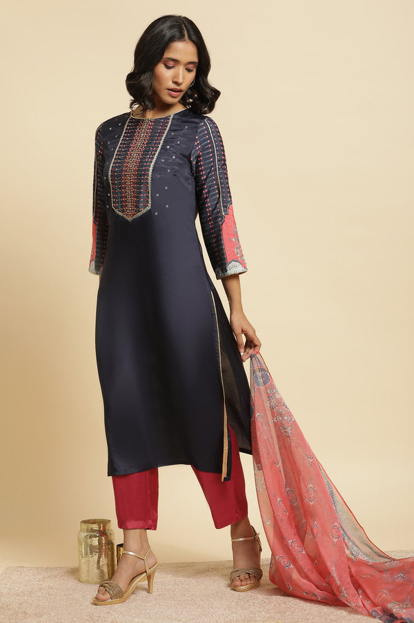 Blue Embroidered Kurta, Straight Pants & Dupatta Set