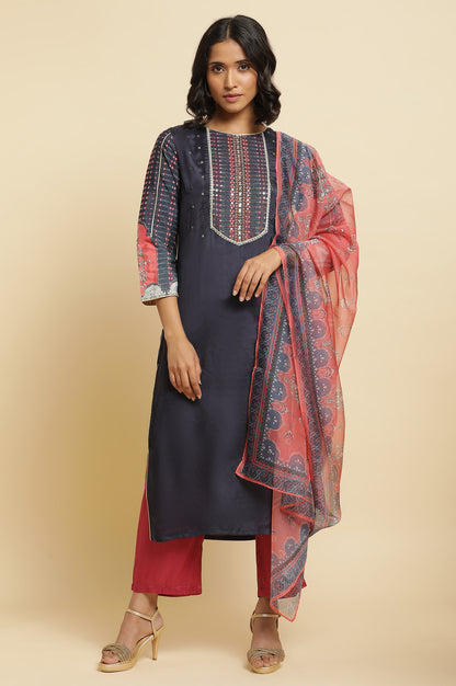 Blue Embroidered Kurta, Straight Pants &amp; Dupatta Set