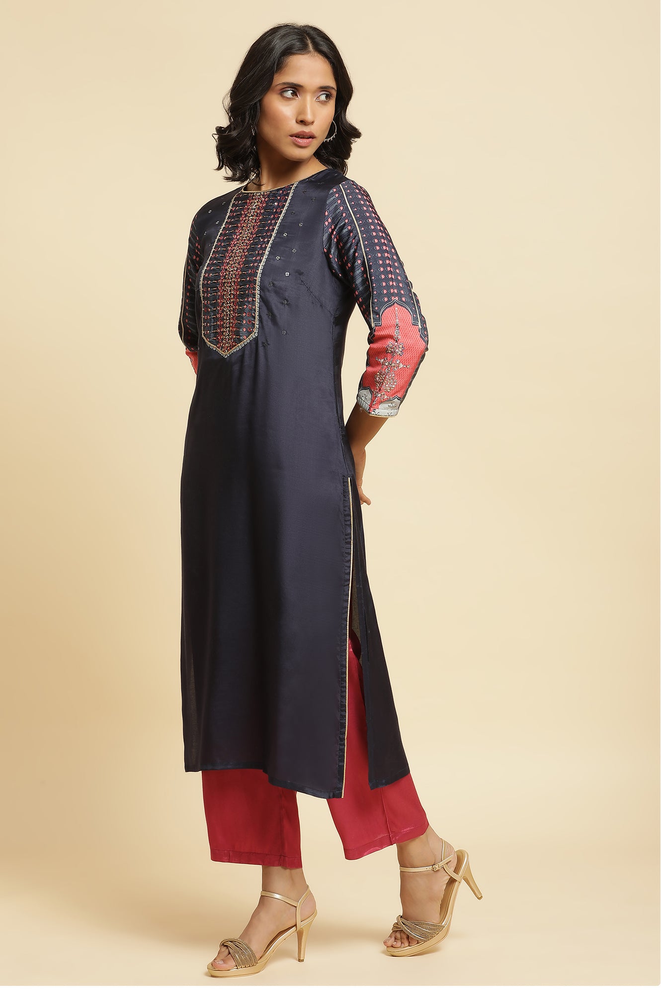 Blue Embroidered Kurta, Straight Pants &amp; Dupatta Set