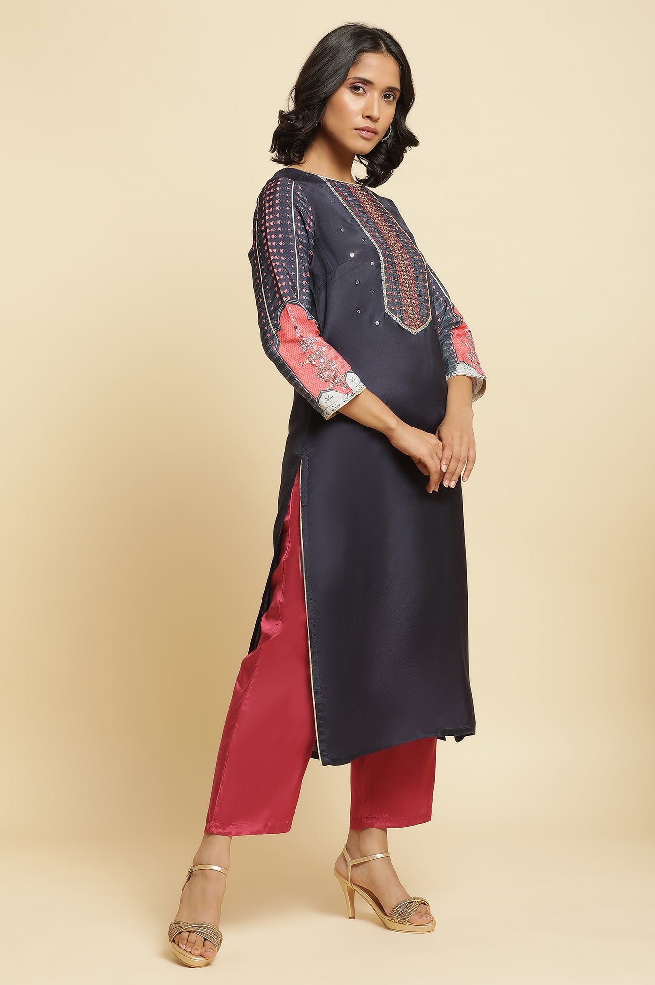Blue Embroidered Kurta, Straight Pants &amp; Dupatta Set