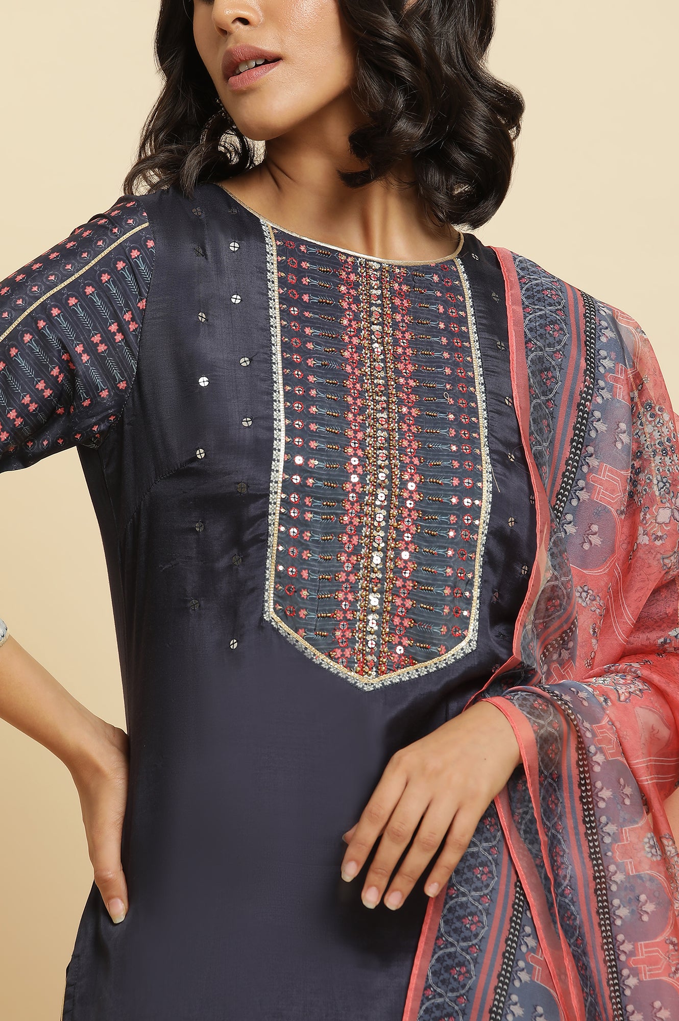 Blue Embroidered Kurta, Straight Pants &amp; Dupatta Set