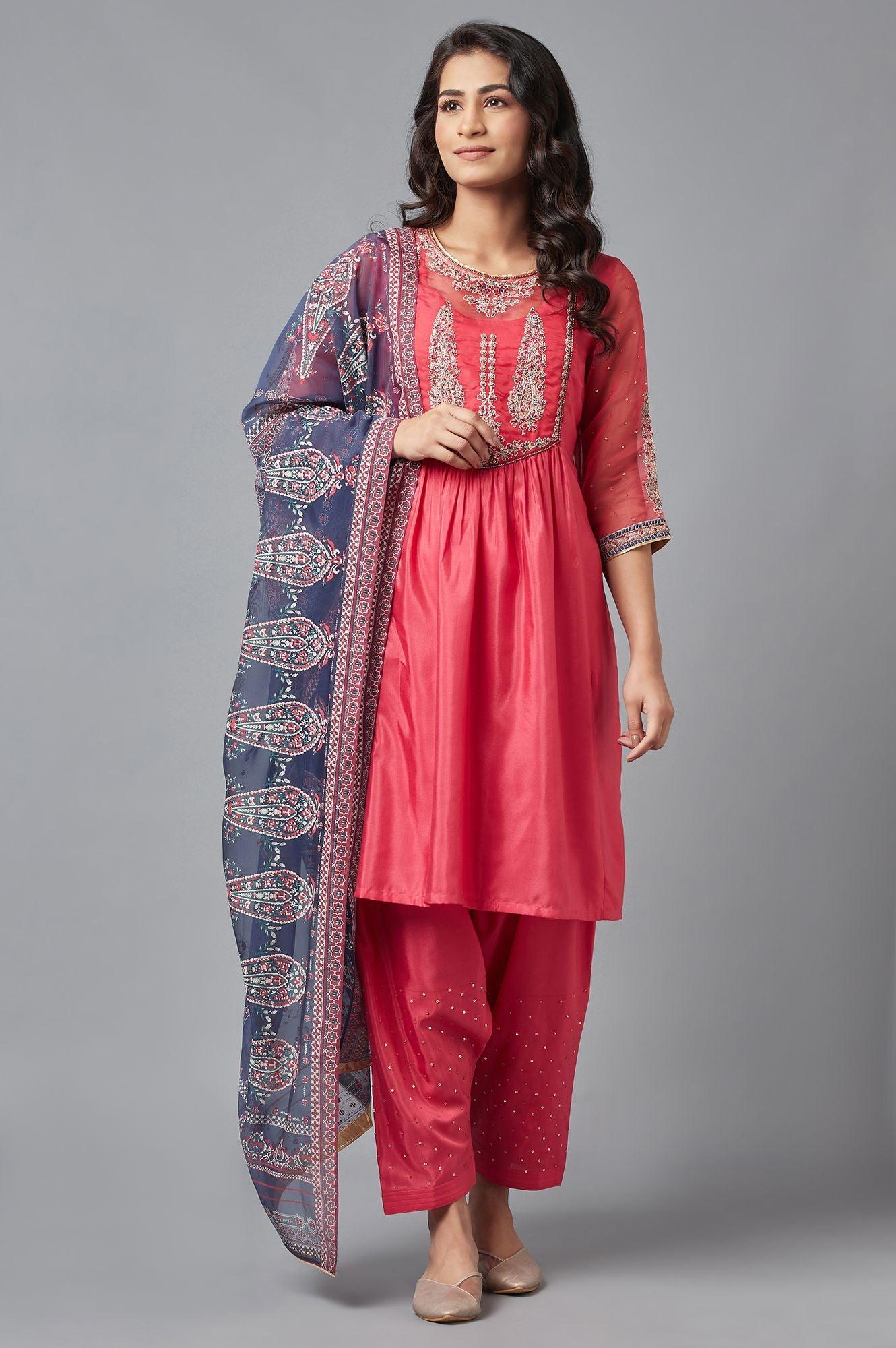 Coral Red A-line kurta, Salwar and Dupatta Set - wforwoman
