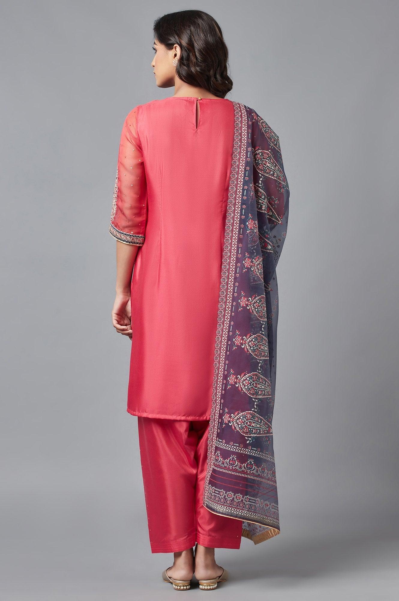 Coral Red A-line kurta, Salwar and Dupatta Set - wforwoman